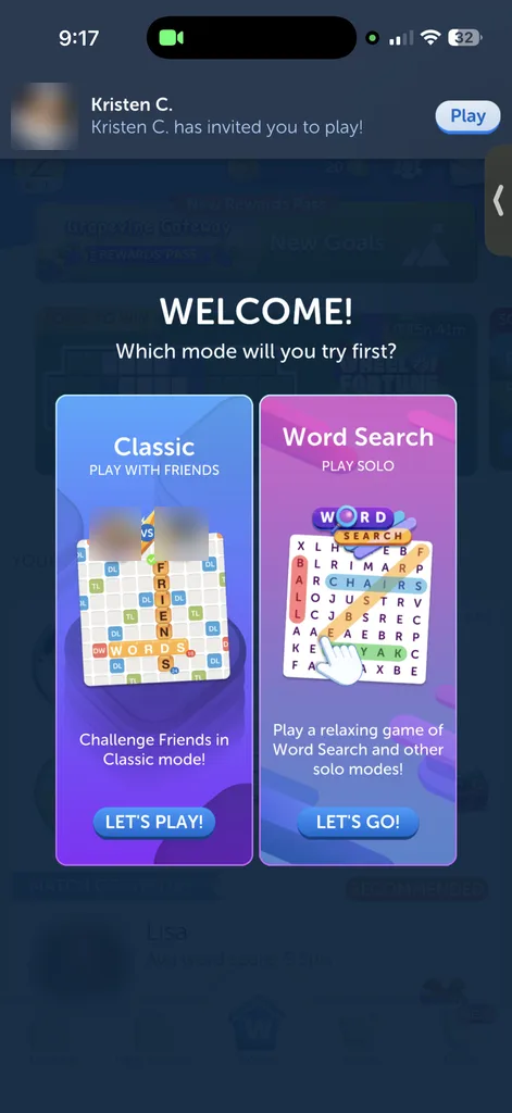 Words With Friends welcome modal asking which mode to try first, over the home screen, with an invite banner on top