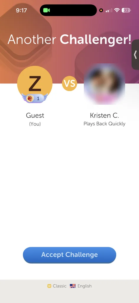 Another Challenger screen showing Guest versus a level 13 opponent labeled Plays Back Quickly